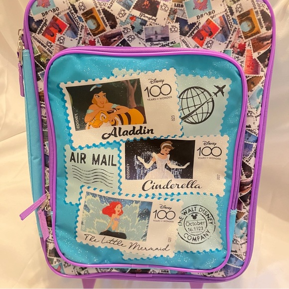 Disney 100 Year Anniversary Kids Travel Bag On Wheels Purple Blue Air Mail Stamp - Picture 11 of 11